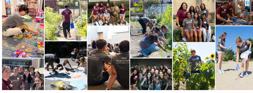 a collage of photos of students participating in service opportunities, including a beach clean up, garden clearning, and chalk art festival. a collage of photos of students participating in service opportunities, including a beach clean up, garden clearning, and chalk art festival.